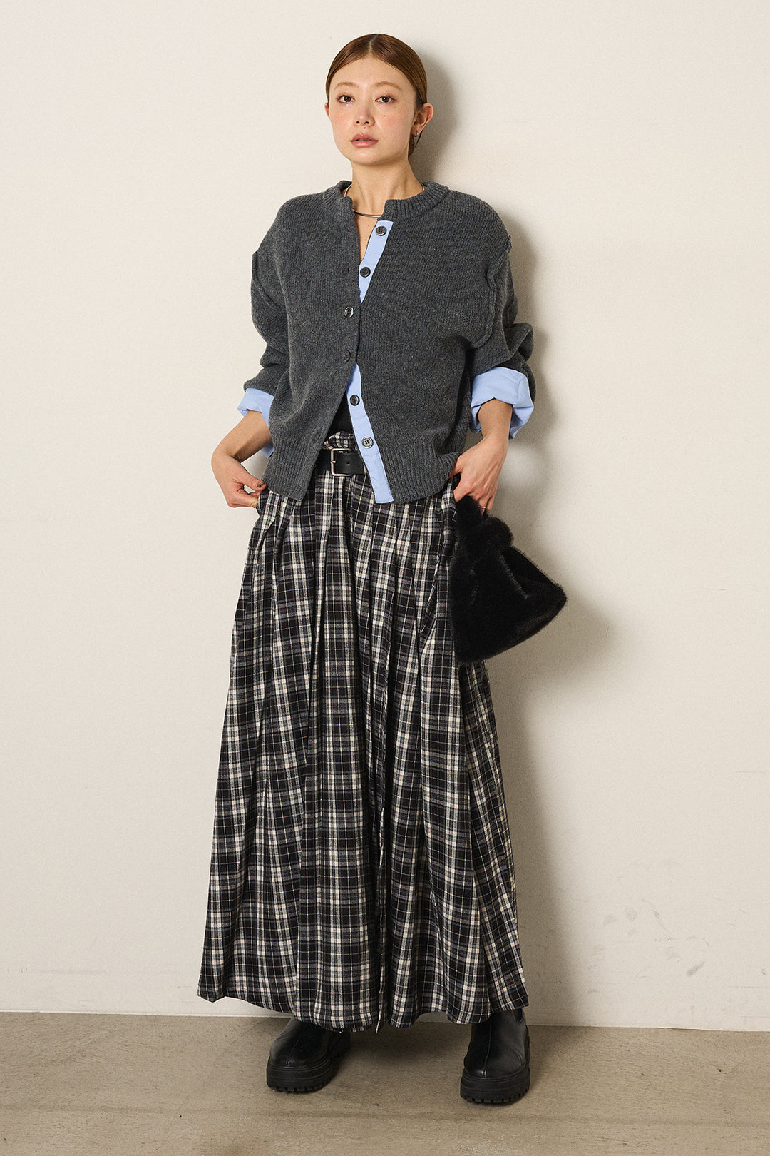 [SET]シャツドッキングニットカーディガン+ベルト付きタータンチェックプリーツスカート(2set)
