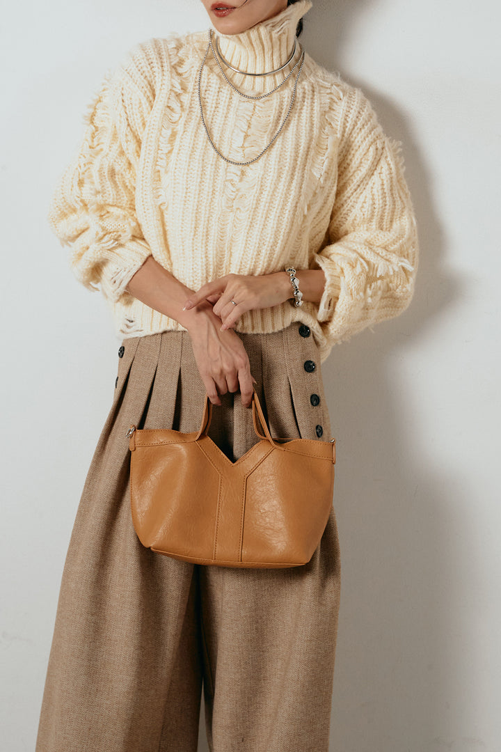 [SET]フリンジタートルショートニット+サイドボタンツイードタックパンツ(2set)