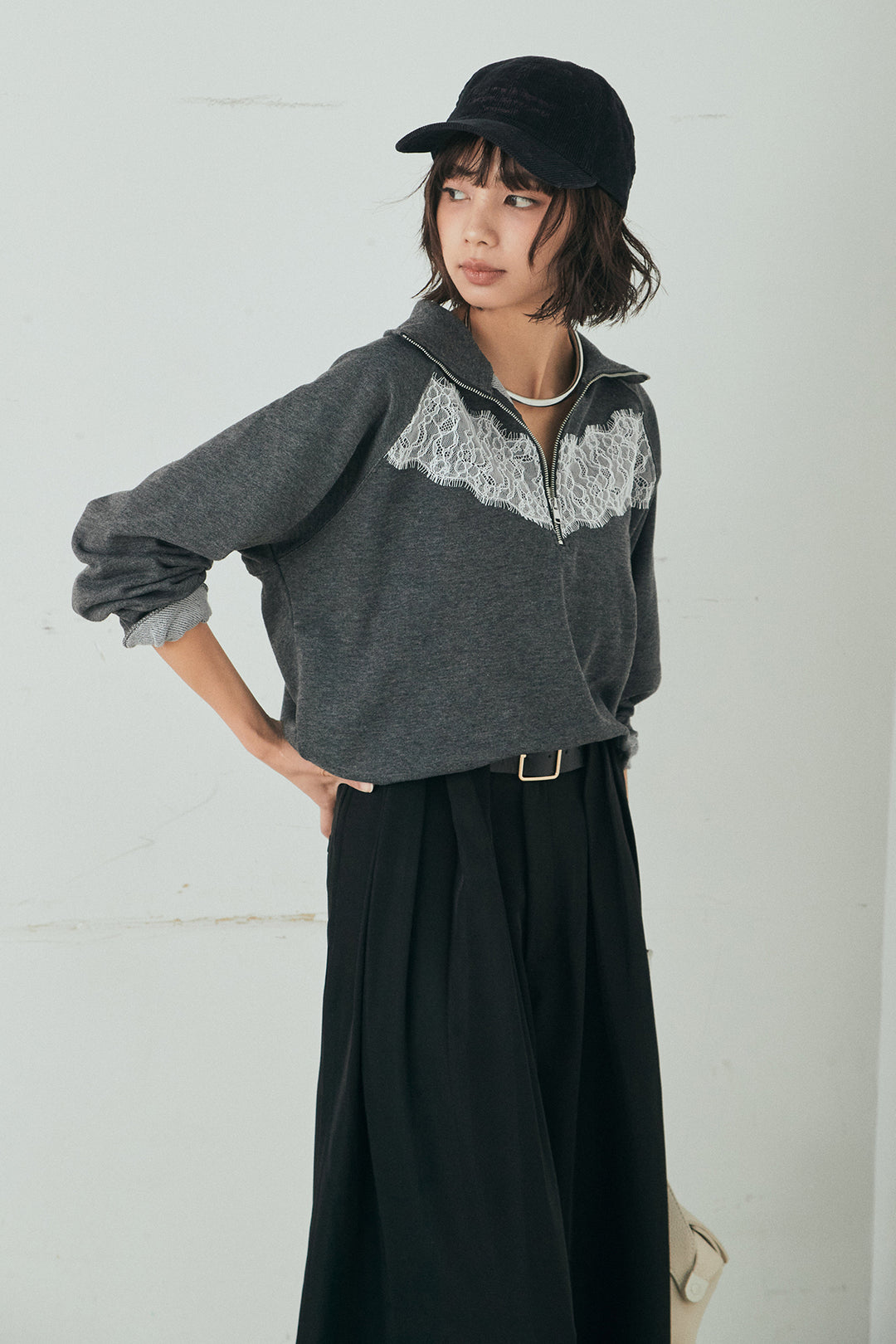 [SET]リバーレースハーフジップ裏毛スウェット+ベルト付きタックデザインハイウエストロングパンツ(2set)