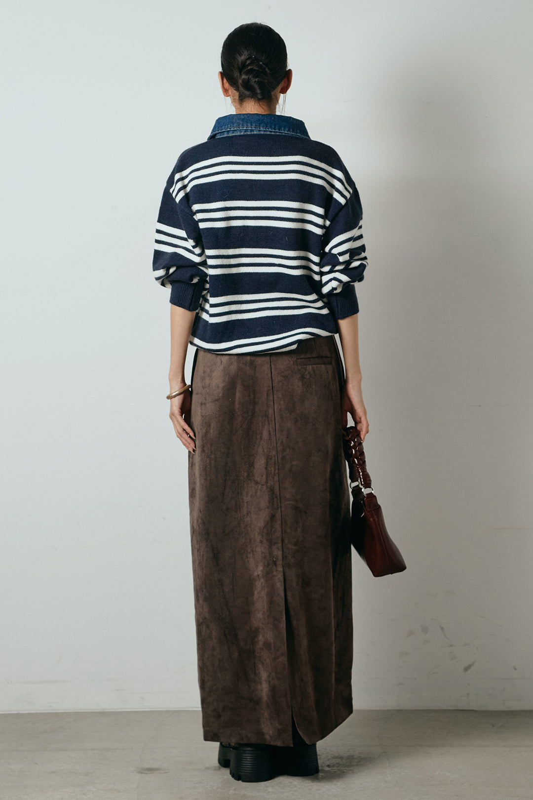 [SET]デニムレイヤード風ランダムボーダーニットプルオーバー+エコスウェードワイドスカート(2set)