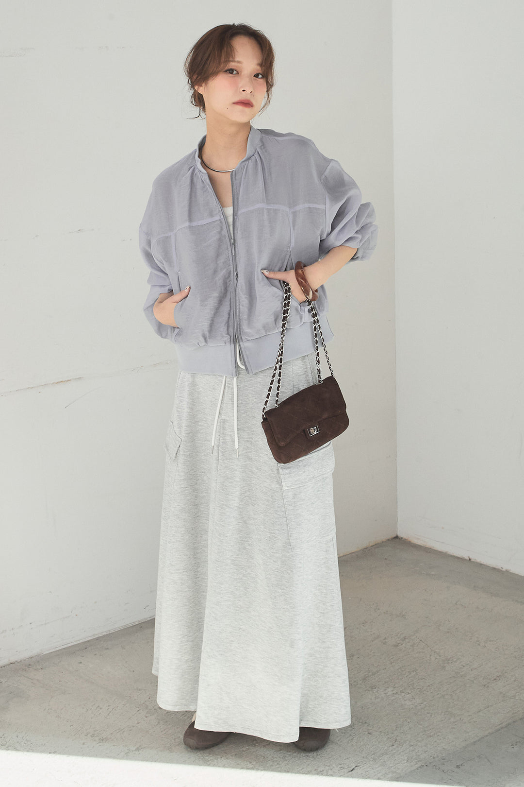 [SET]シアー×ポンチブルゾン+リラックススウェットスカート(2set)