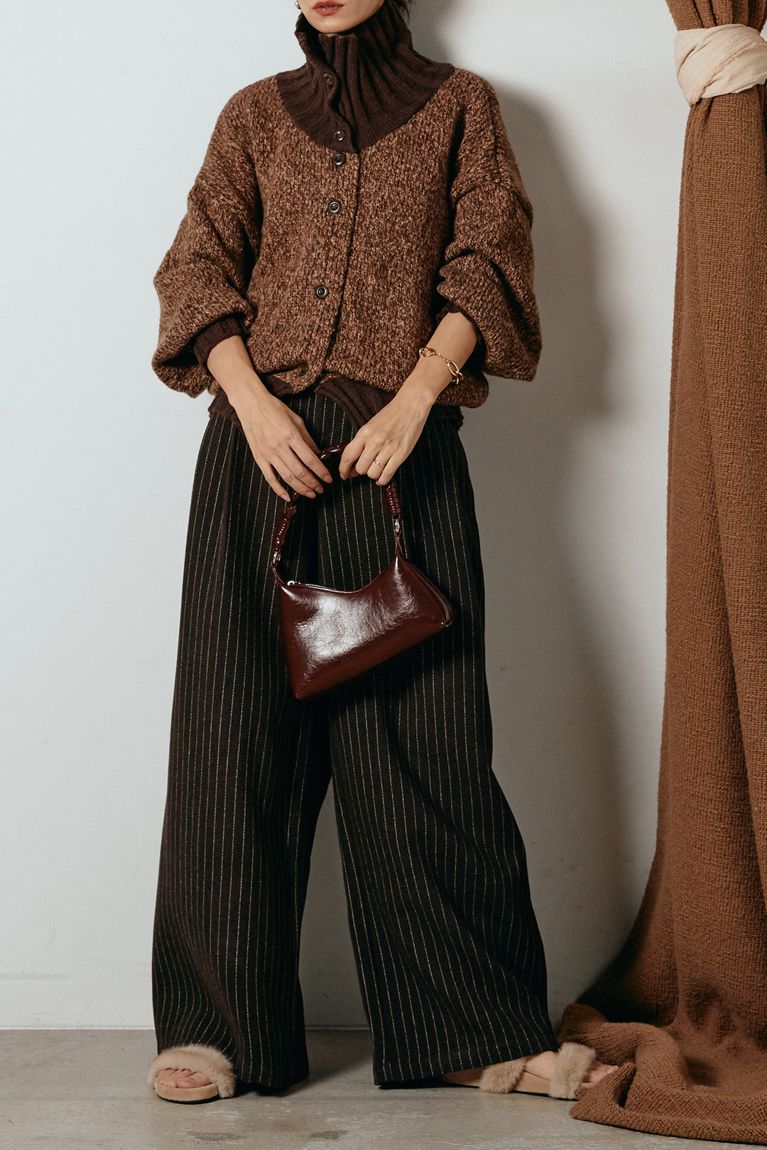 [SET]ハイネックミックスニットカーディガン+ウールライクストライプパンツ(2set)