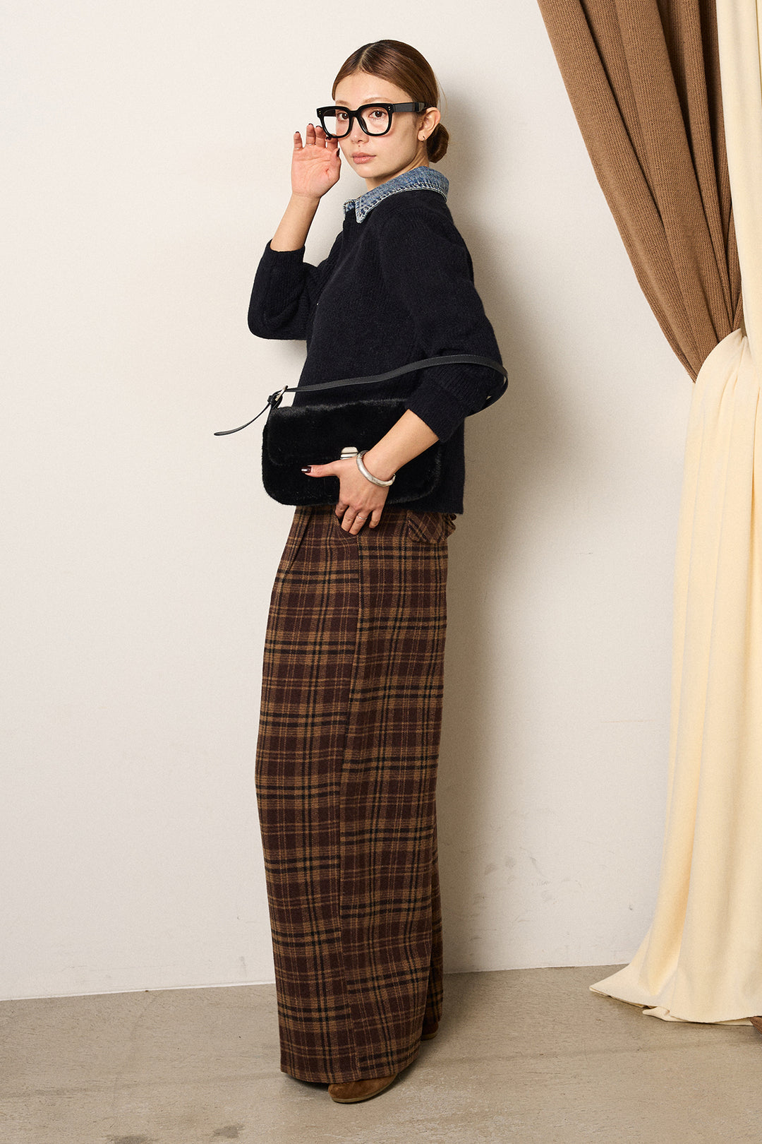 [SET]デニム襟ダブルジップニットトップス+スタッズデザインベルトタータンチェックパンツ(2set)