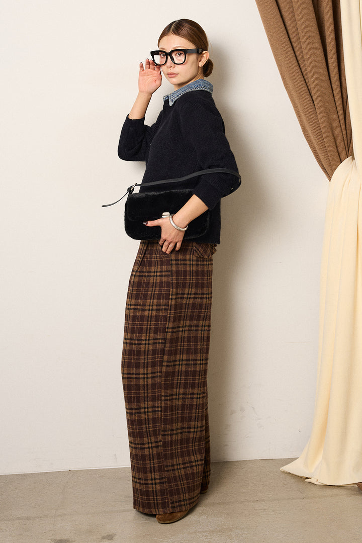 [SET]デニム襟ダブルジップニットトップス+スタッズデザインベルトタータンチェックパンツ(2set)