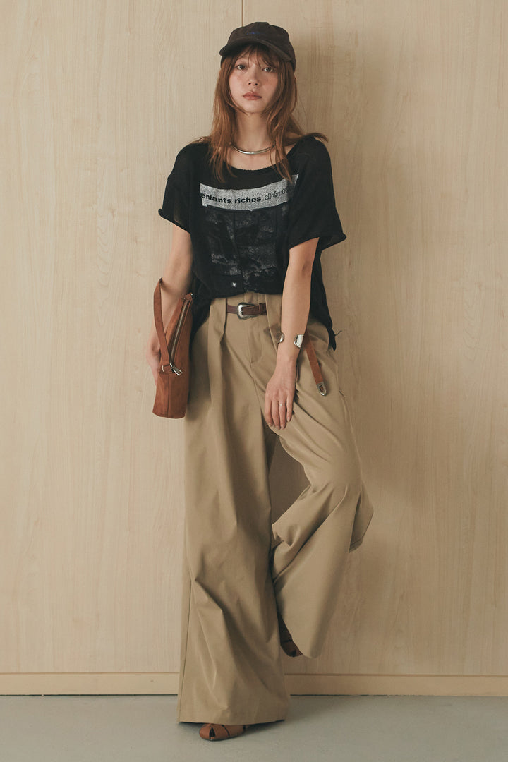 [SET]半袖モノトーングラフィックトップス+ベルトループデザインハイウエストタックパンツ(2set)