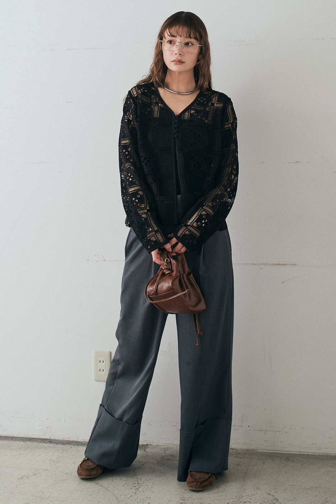 [SET]クロシェレースカーディガン+センタープレスセミワイドパンツ(2set)