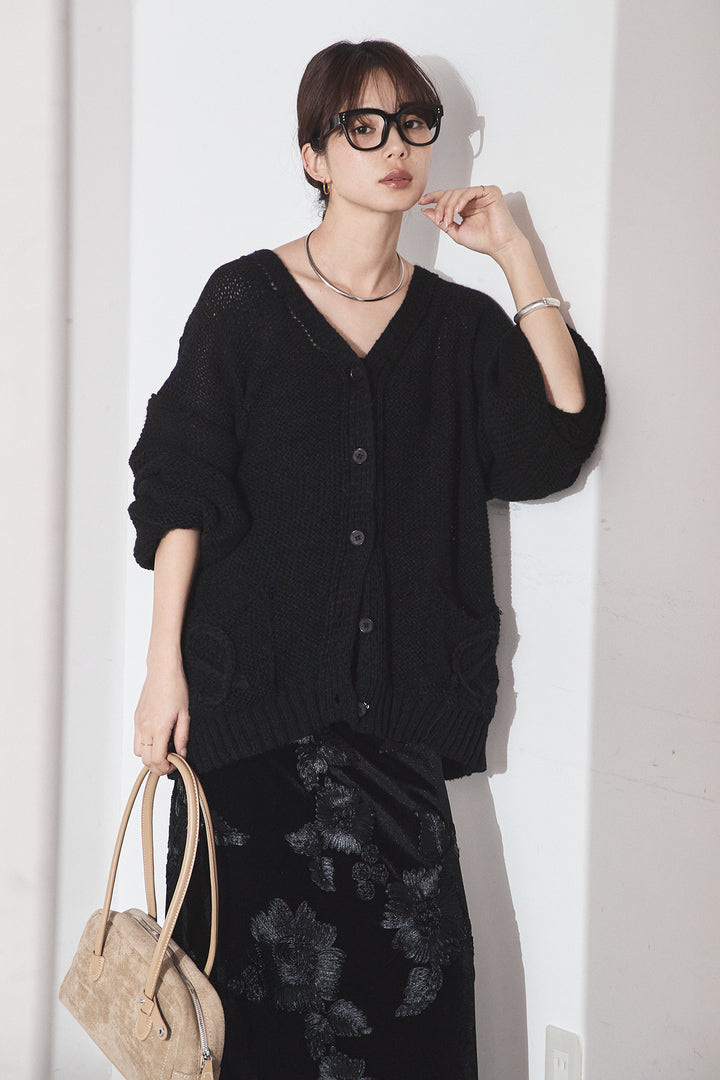 [SET]コード刺繍リラックスニットカーディガン+フラワー刺繍ワイドスカート(2set)