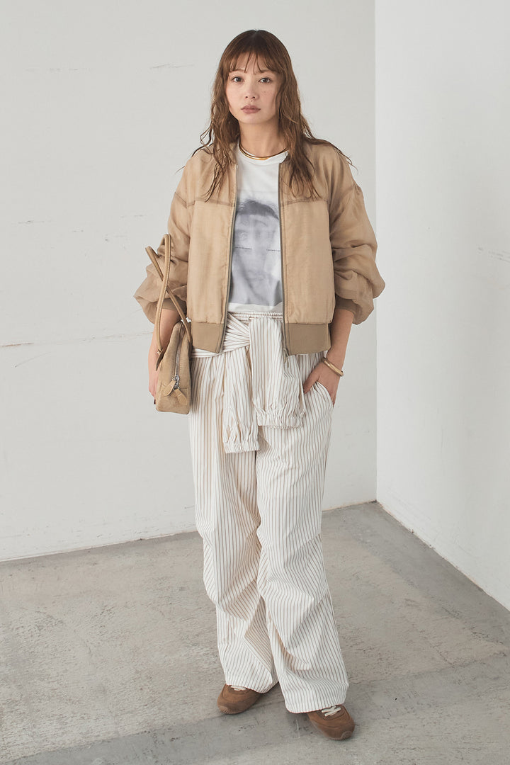 [SET]シアー×ポンチブルゾン+ストライプウエスト巻きジョガーパンツ+長袖アソートフォトTシャツ(3set)