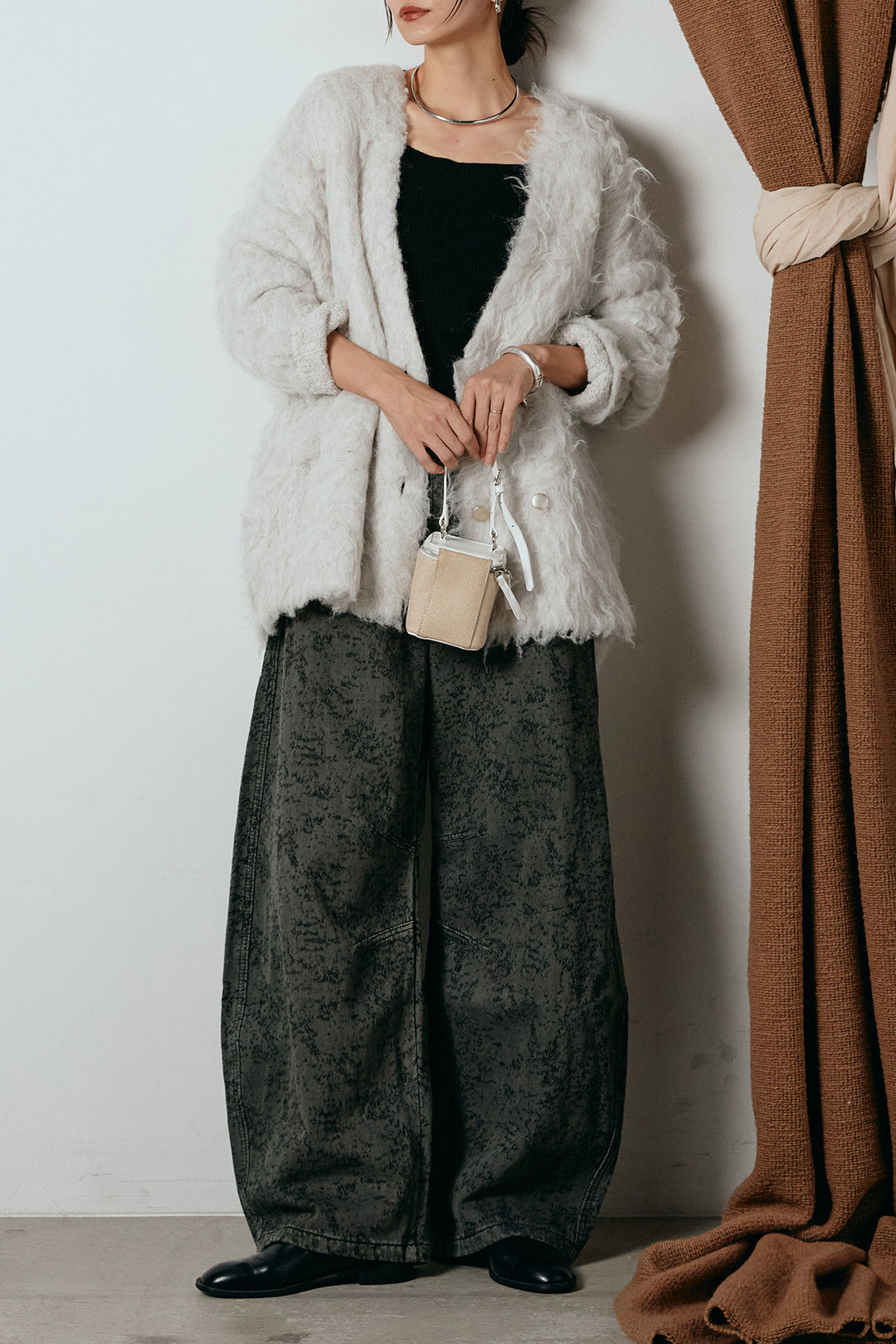 [SET]ウェーブシャギーニットジャケット+ベルト付きニュアンス柄カーブワイドパンツ(2set)