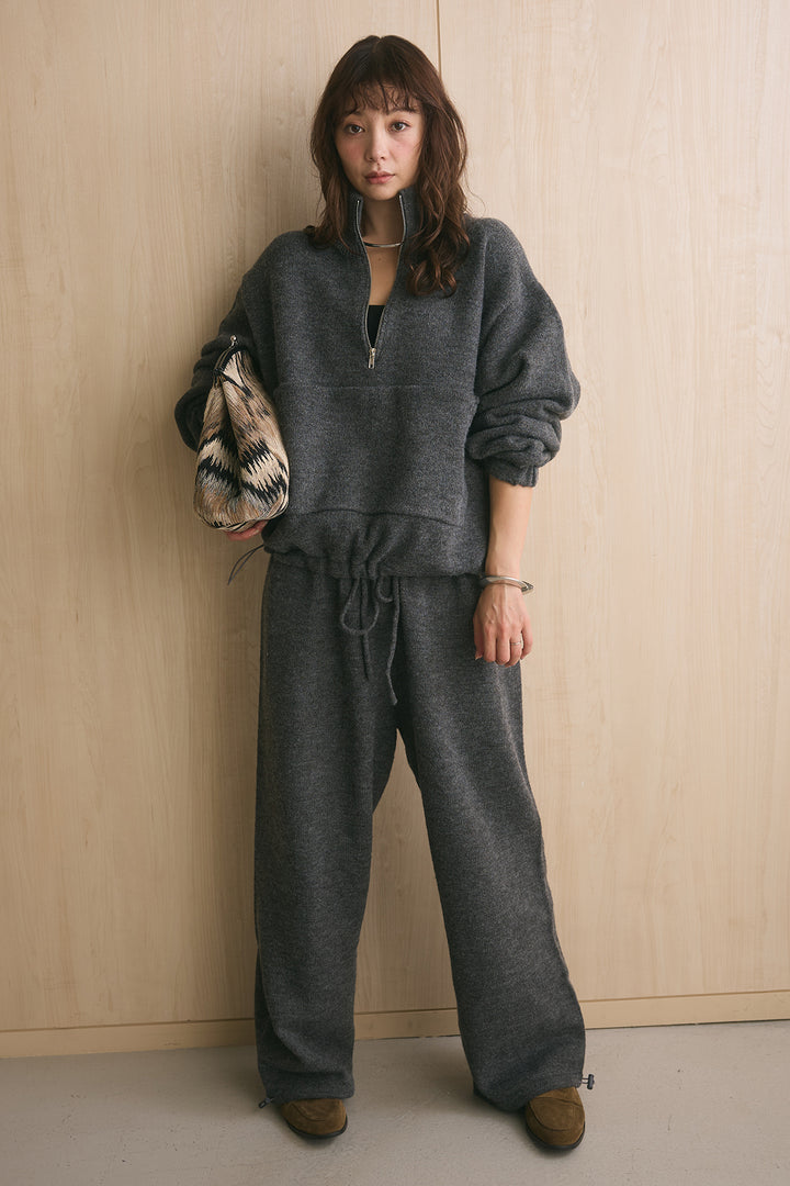 [SET]ハーフジップニットプルオーバー+ドロストニットワイドパンツ(2set)