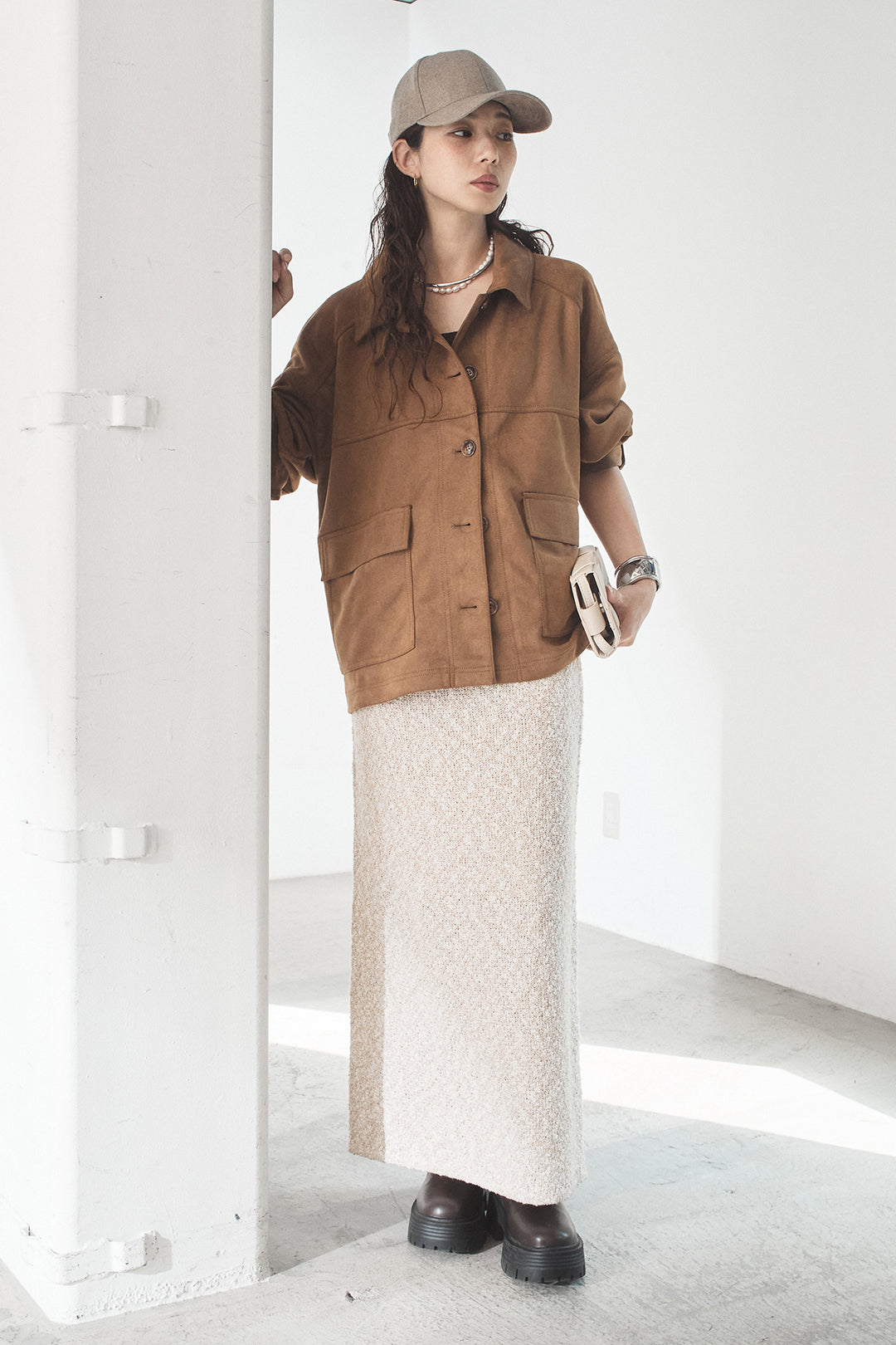 [SET]デカポケスエポンジャケット+ツイード風MIXスラブスカート(2set)