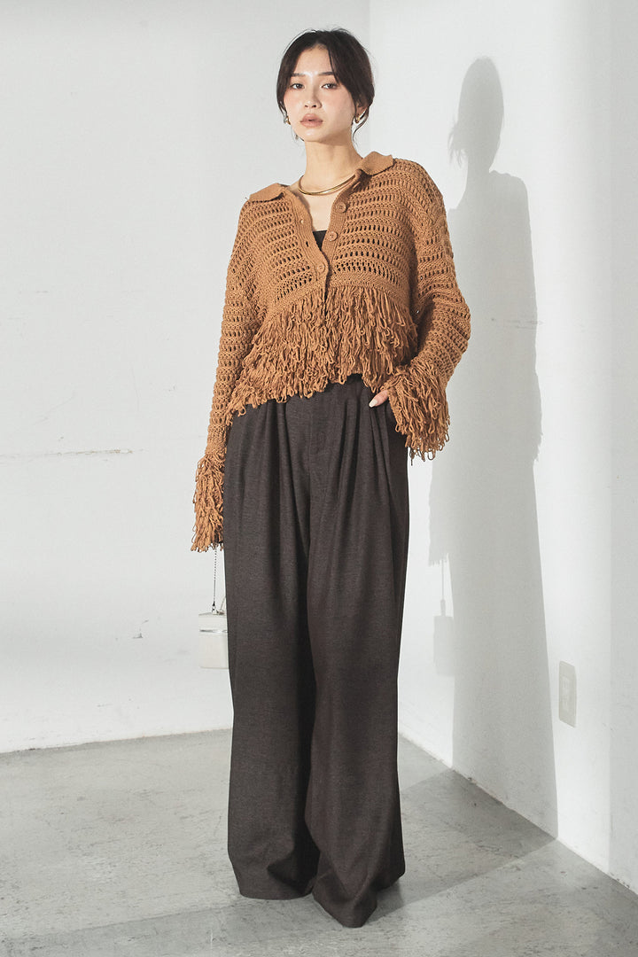 [SET]メッシュフリンジカーディガン+編みベルト付きウエストタックワイドパンツ(2set)