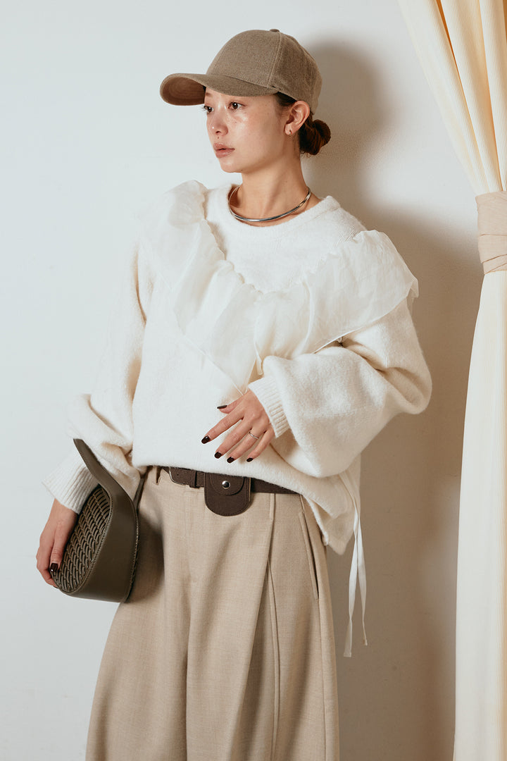 [SET]アシンメトリーフリルニットトップス+ポーチベルト付きカーブパンツ(2set)