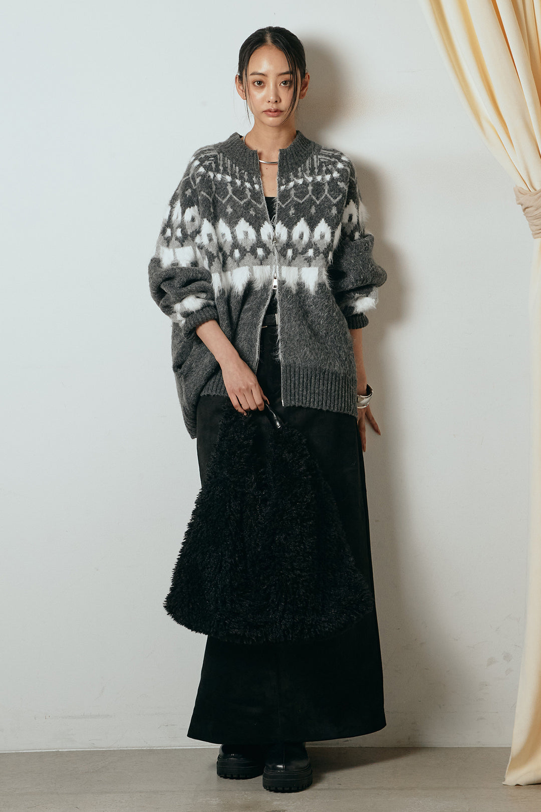 [SET]起毛ダブルジップパターンニットカーディガン+エコスウェードワイドスカート(2set)