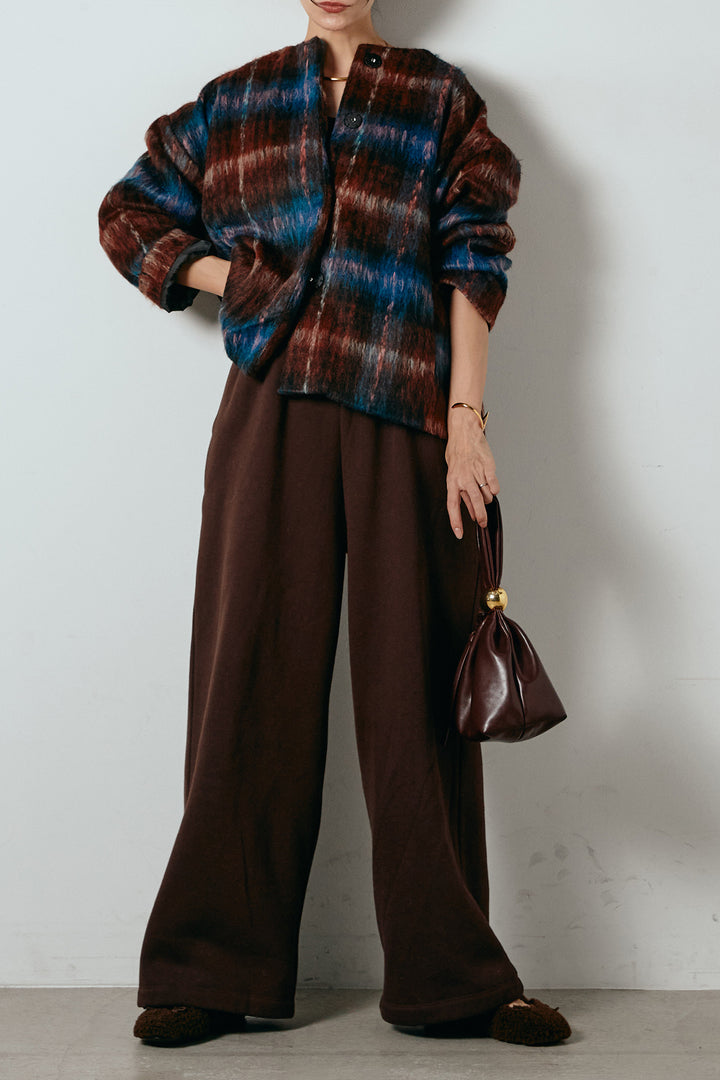 [SET]ノーカラーシャギーチェックアウター+裏起毛スウェットワイドパンツ(2set)