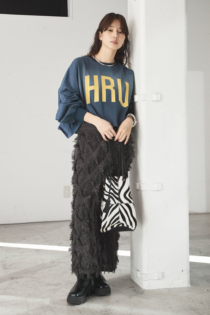 [SET]ビッグロゴHRU袖ボリュームトップス+カットフリンジニットタイトスカート(2set)