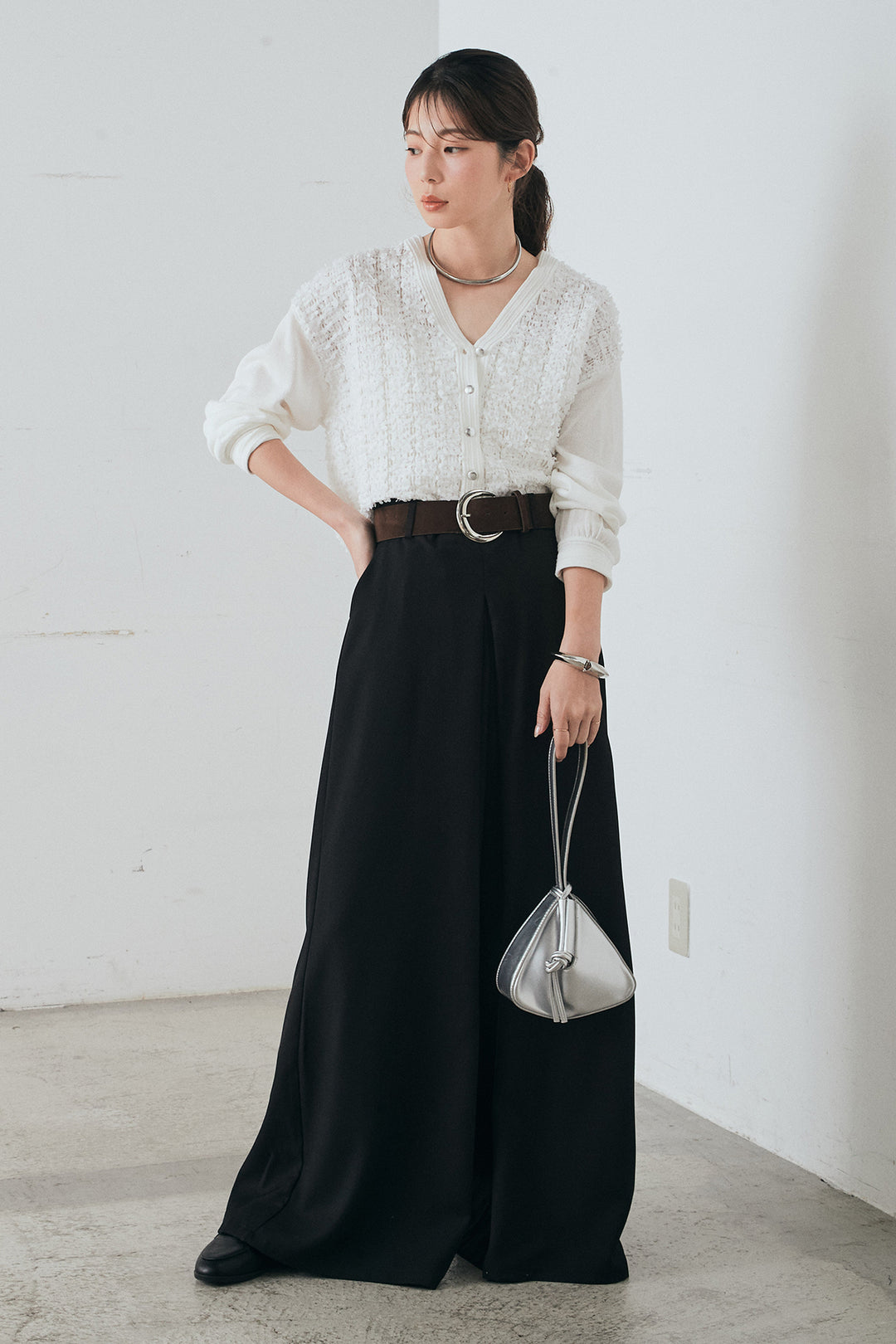 [SET]モコレースVネックカーディガン+太ベルト付きフロントタックパンツ(2set)