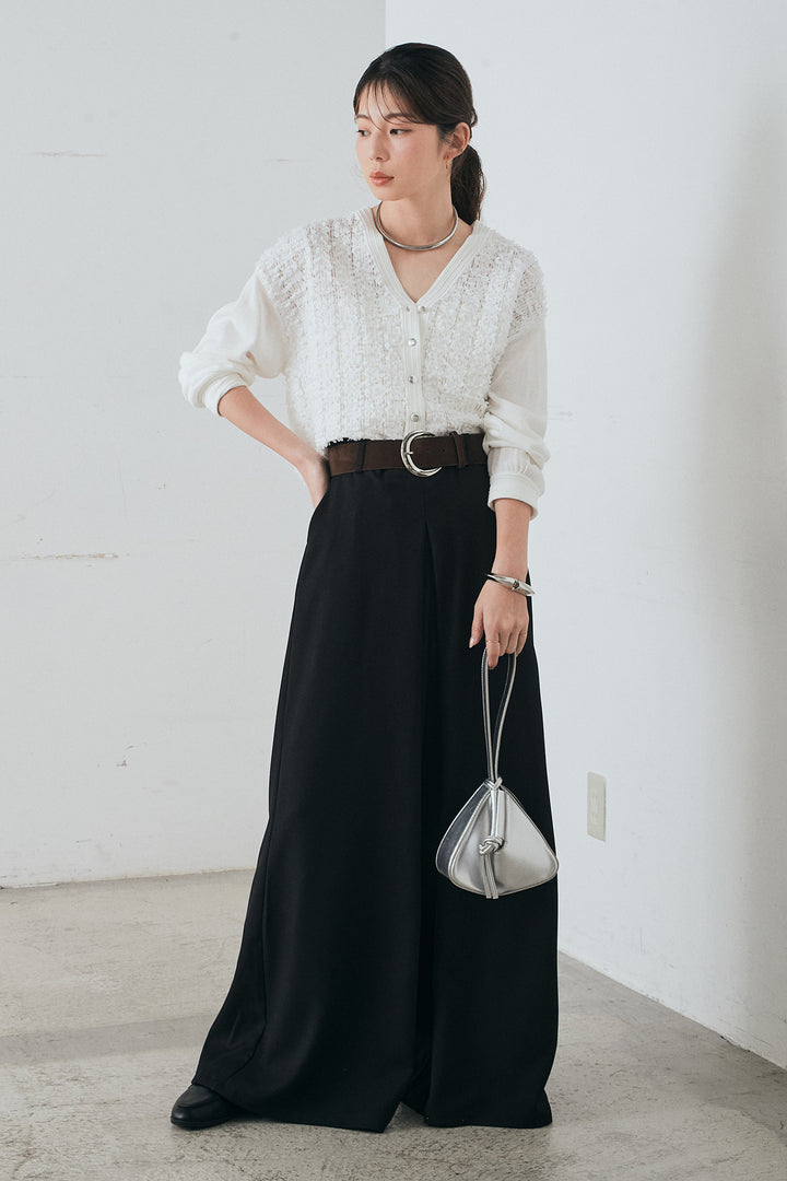 [SET]モコレースVネックカーディガン+太ベルト付きフロントタックパンツ(2set)