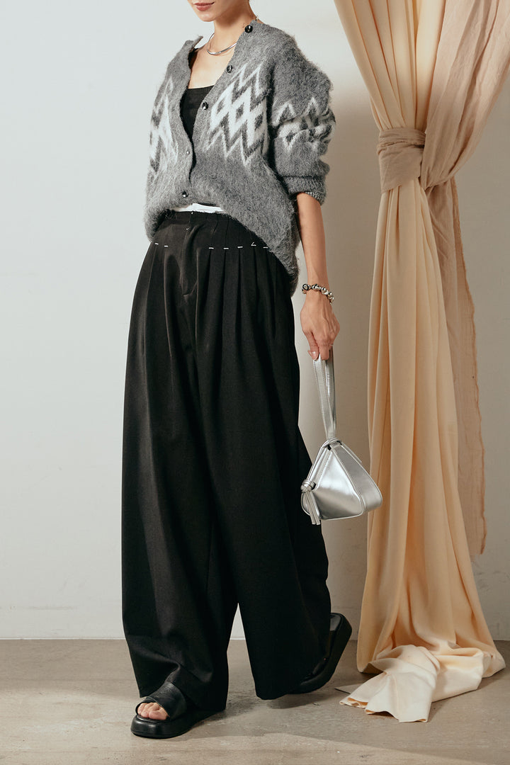 [SET]起毛ノルディック柄ニットカーディガン+ウエストステッチデザインワイドスラックス(2set)