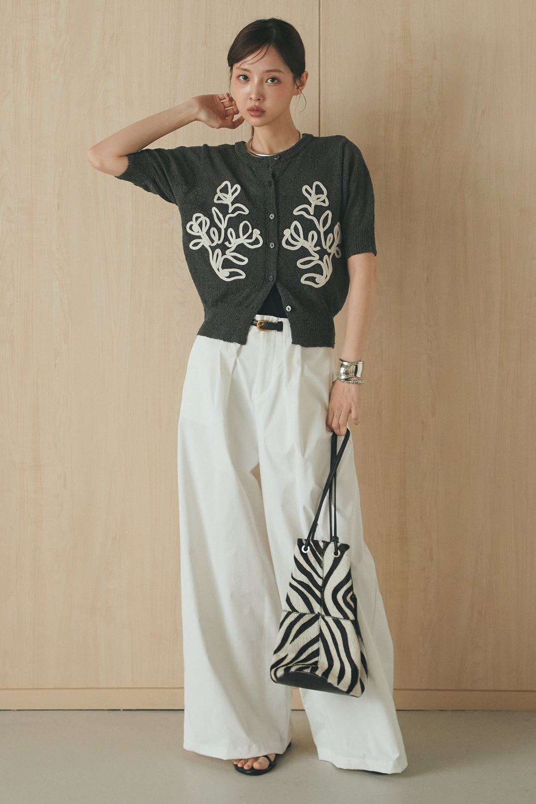 [SET]フロントテープデザイン半袖カーディガン+ベルトループデザインハイウエストタックパンツ(2set)