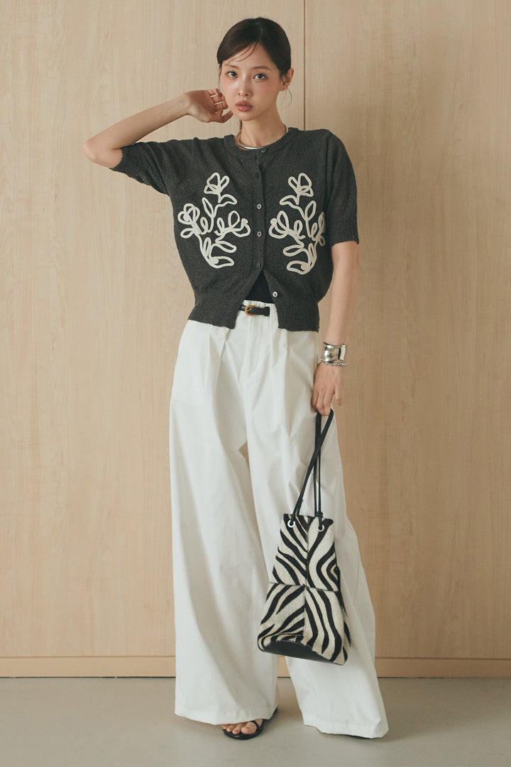 [SET]フロントテープデザイン半袖カーディガン+ベルトループデザインハイウエストタックパンツ(2set)