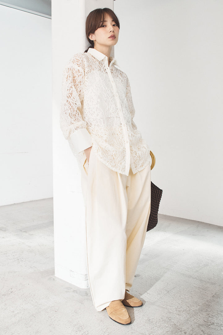 [SET]刺繍レースオーバーサイズシャツ+合繊ツイルパイピングタックカーブパンツ(2set)