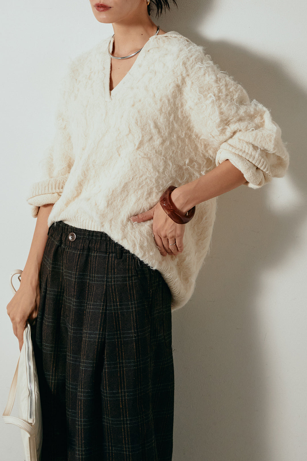 [SET]襟付きシャギーニットポロトップス+タータンチェック柄タックパンツ(2set)