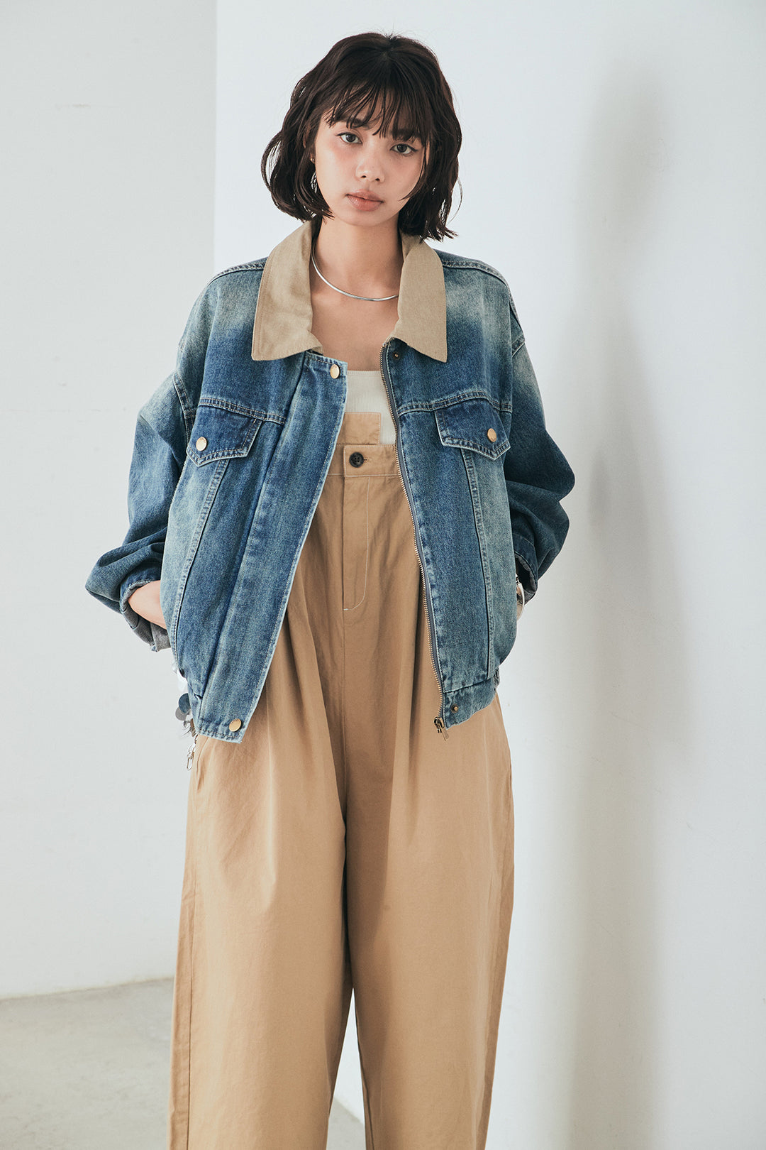 [SET]襟切り替えジップデニムジャケット+綿ツイルアシメサロペット(2set)