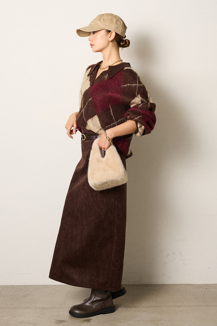 [SET]アクリルモヘアアーガイルキーネックプルオーバー+ロープベルト付きスウェード調スカート(2set)