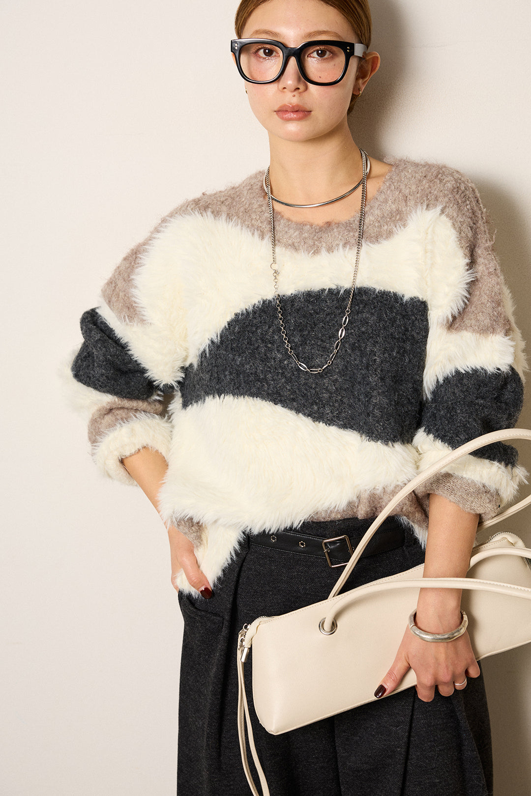 [SET]シャギーウェーブ柄クルーネックニットトップス+細ベルト付き起毛タックワイドパンツ(2set)