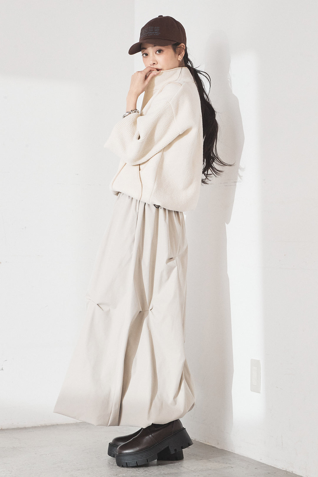 [SET]ハイネックパイピングデザインブルゾン+ランダムタックバルーンスカート(2set)