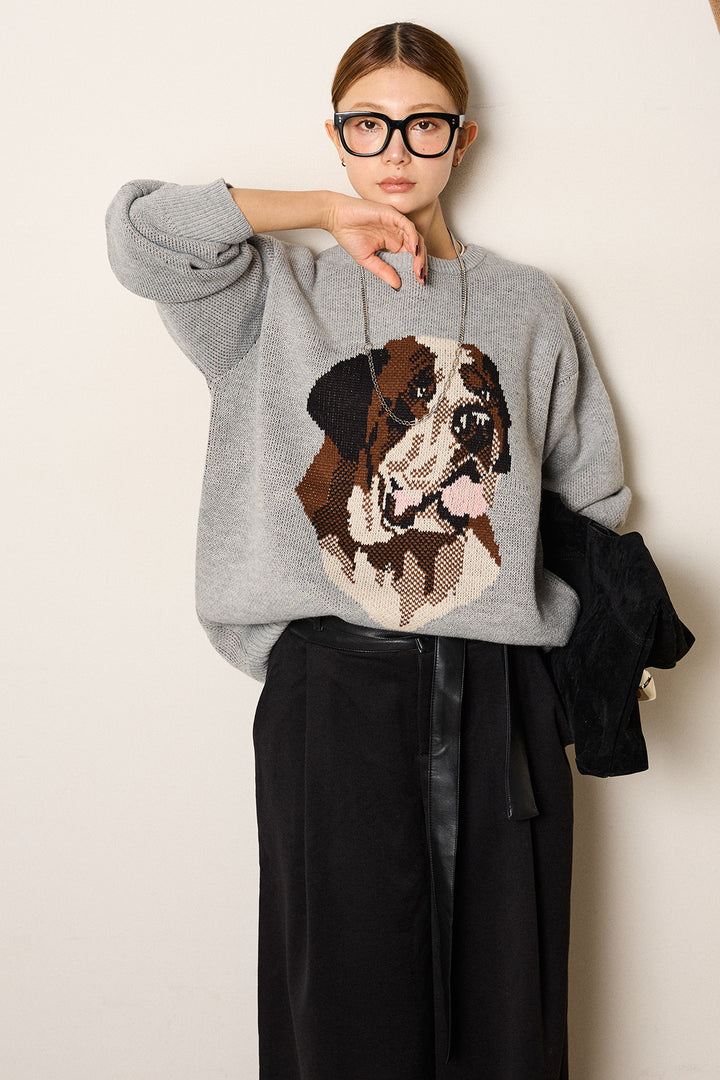 [SET]アニマルジャガード柄ニットトップス+巻ベルトウエストレザーライクワイドパンツ(2set)