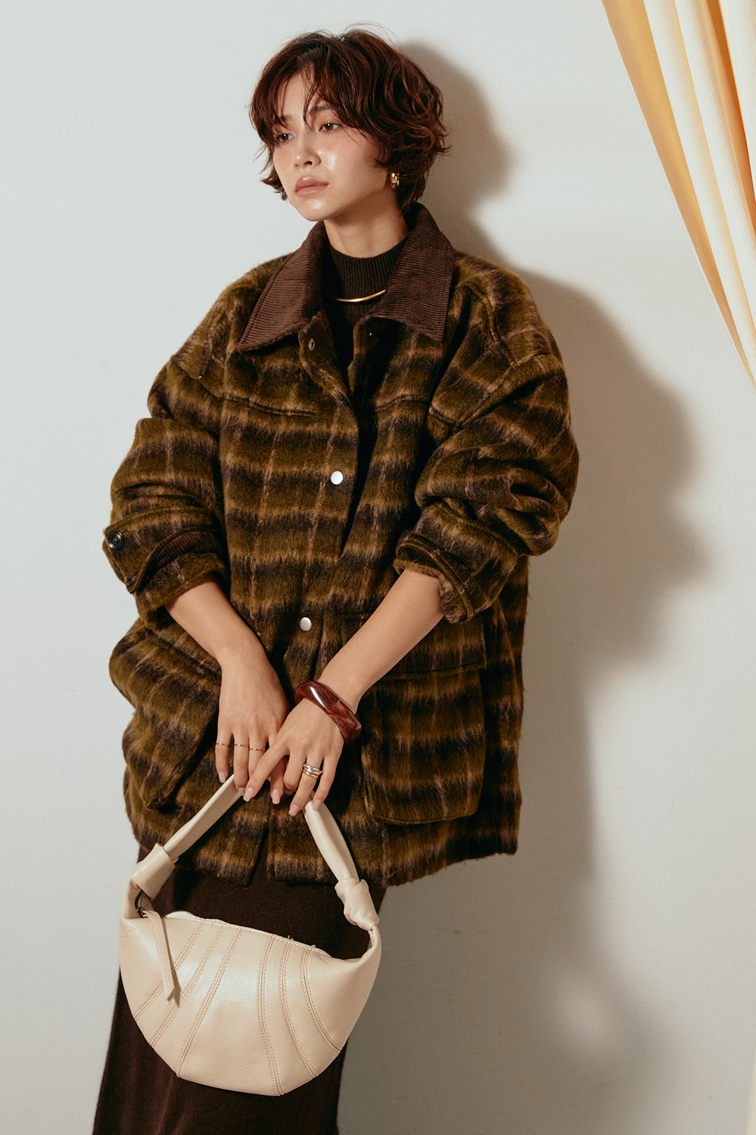 [SET]チェックシャギーミドルカバーオール+ノースリーブニットロングワンピース(2set)