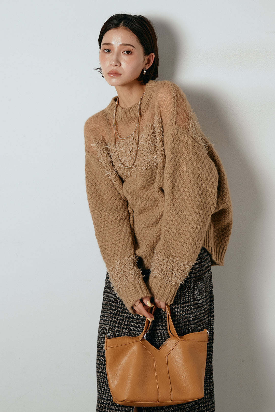 [SET]パターンランダム編みニットトップス+グレンチェック柄フロントジップタイトスカート(2set)