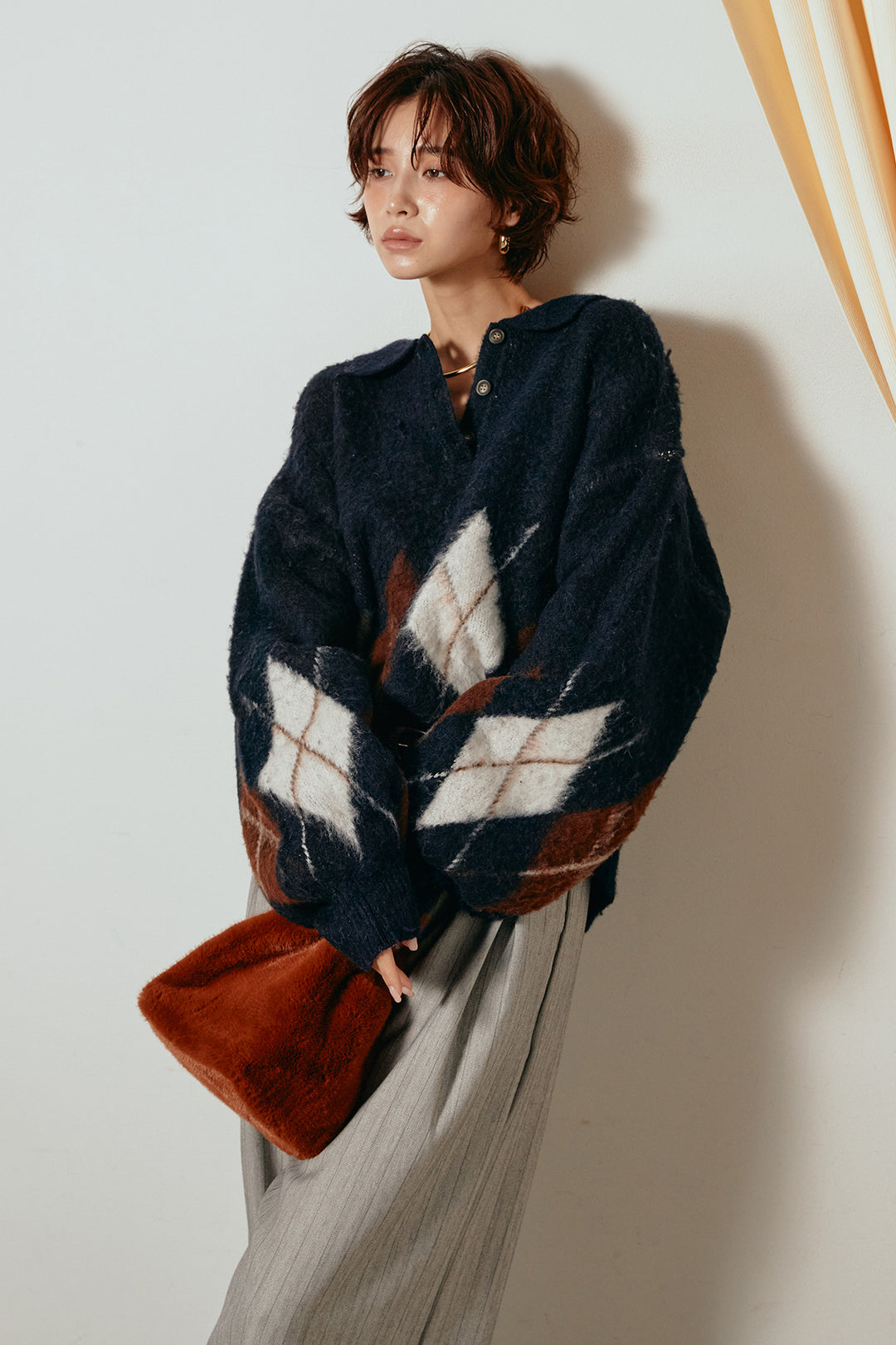 [SET]アーガイル柄ポロニットトップス+ストライプヘリンボーンパンツ(2set)