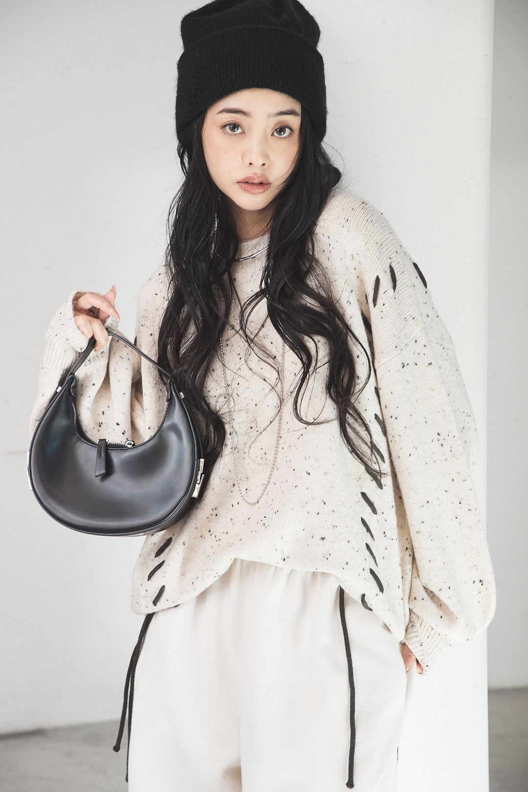 [SET]ネップ編み上げニットトップス+裏起毛スウェットワイドパンツ(2set)