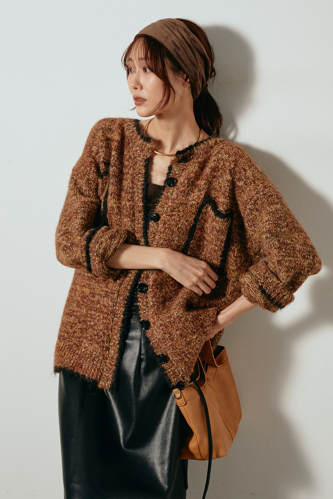 [SET]ミックスニットポケットカーディガン+紐付きフェイクレザーワイドスカート(2set)