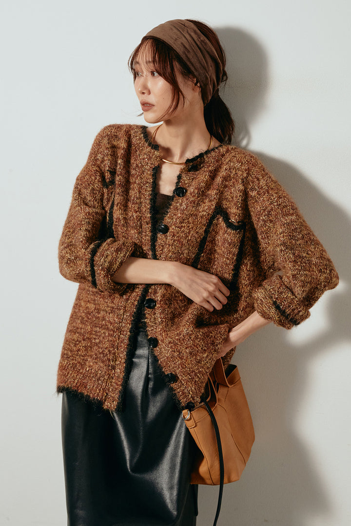 [SET]ミックスニットポケットカーディガン+紐付きフェイクレザーワイドスカート(2set)