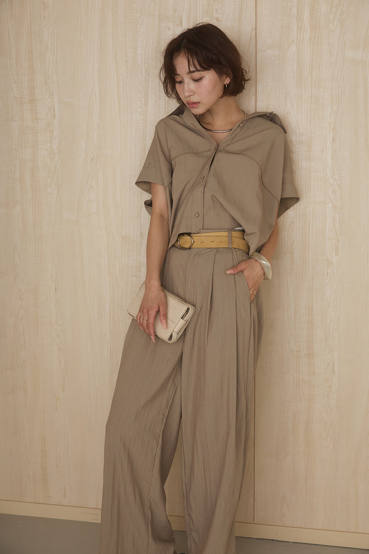 [SET]リネンライクランタンノースリシャツ+リネンライク2タックワイドパンツ(2set)