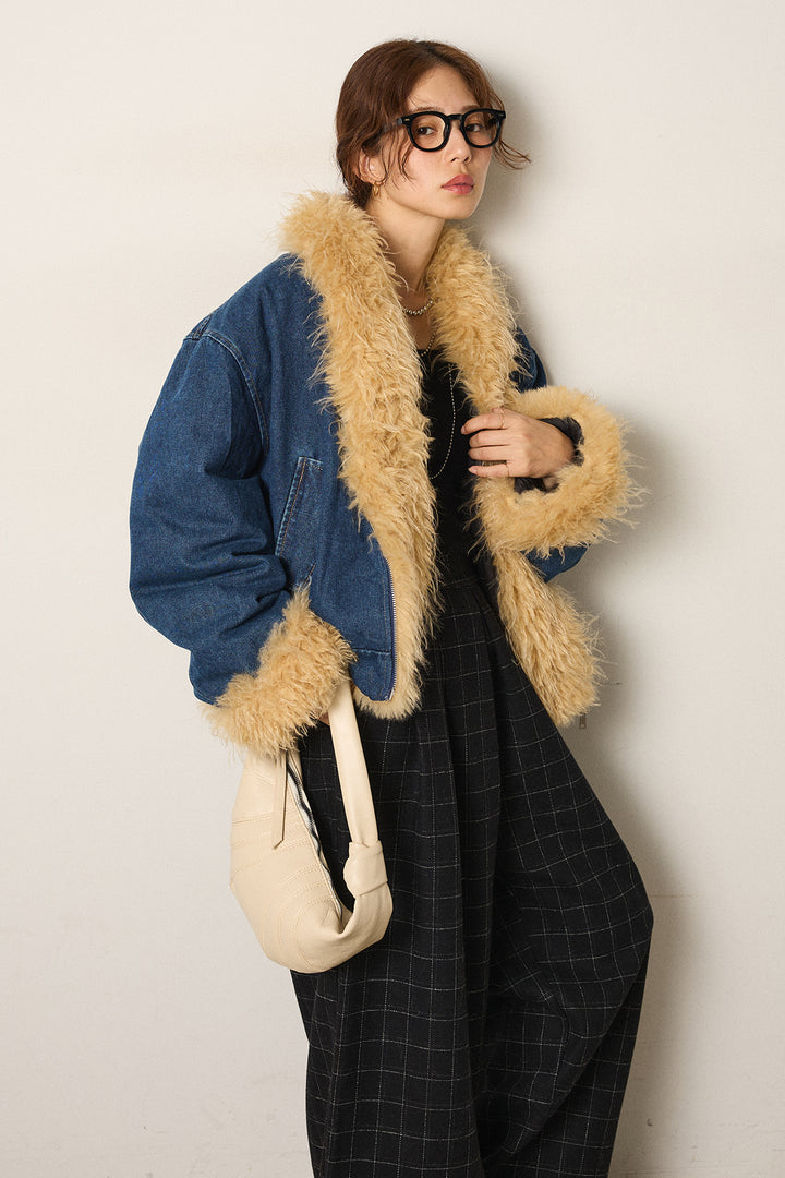 [SET]エコファーデニムボアジャケット+ウールライクチェックタックパンツ(2set)