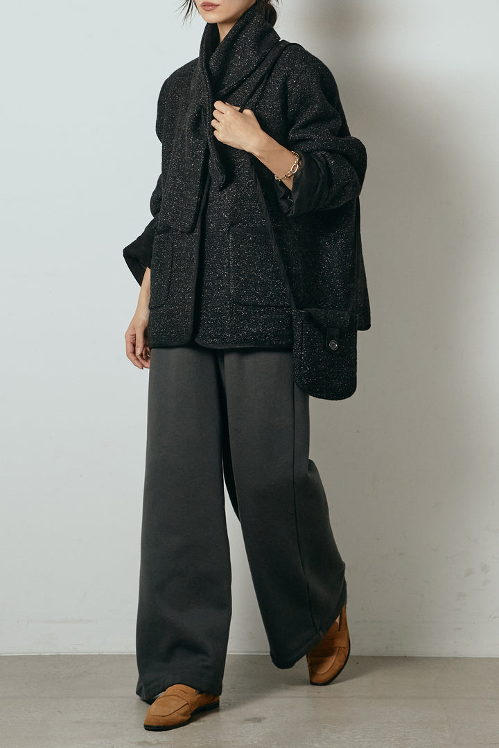 [SET]ノーカラーマフラーバッグ付きアウター+裏起毛スウェットワイドパンツ(2set)