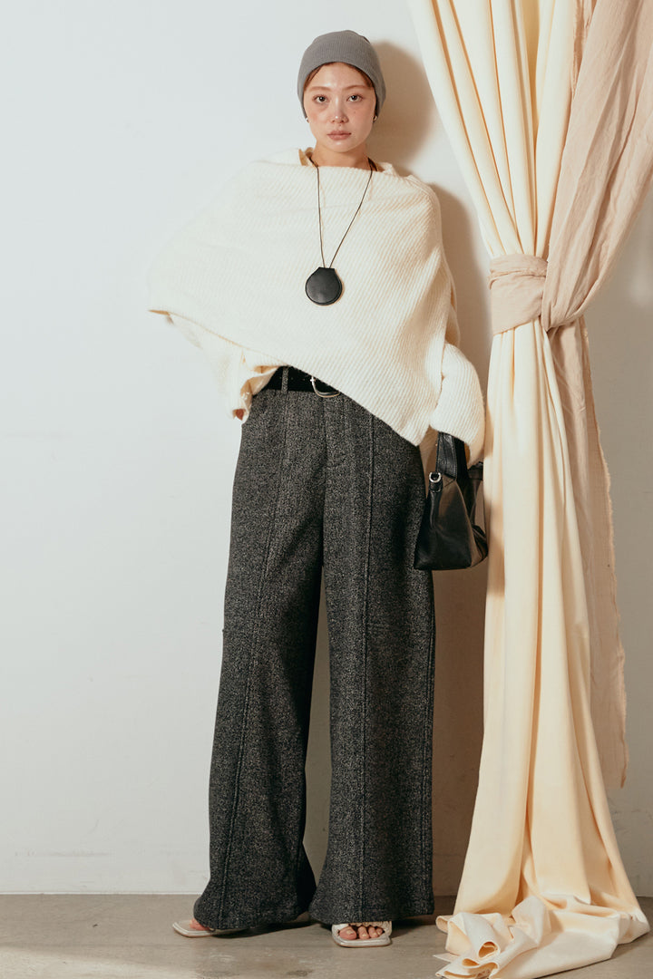 [SET]ケープデザインリブニットトップス+太ベルト付きツイードワイドパンツ(2set)