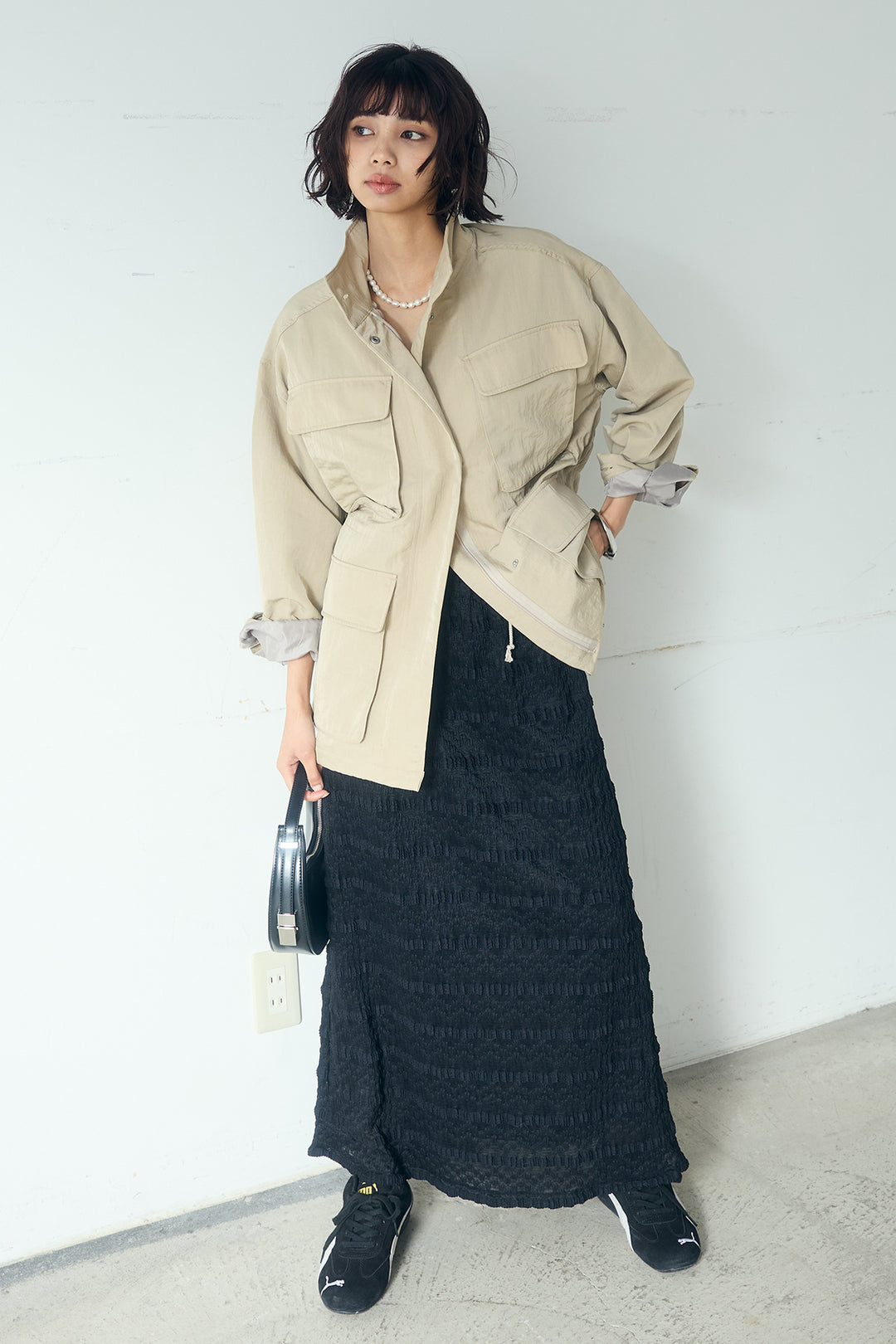 [SET]ナイロンツイルフィールドジャケット+ジャガードカットソータイトスカート(2set)