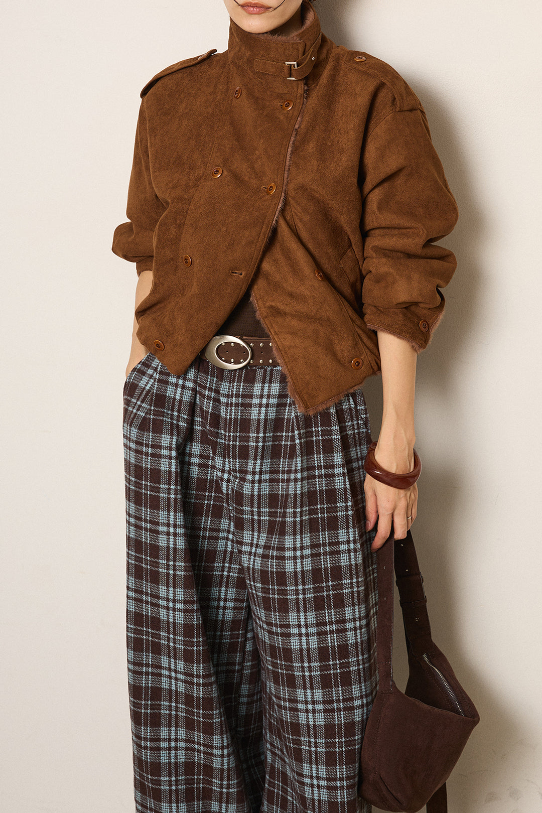 [SET]スタンド襟スウェードライクアウター+スタッズデザインベルトタータンチェックパンツ(2set)
