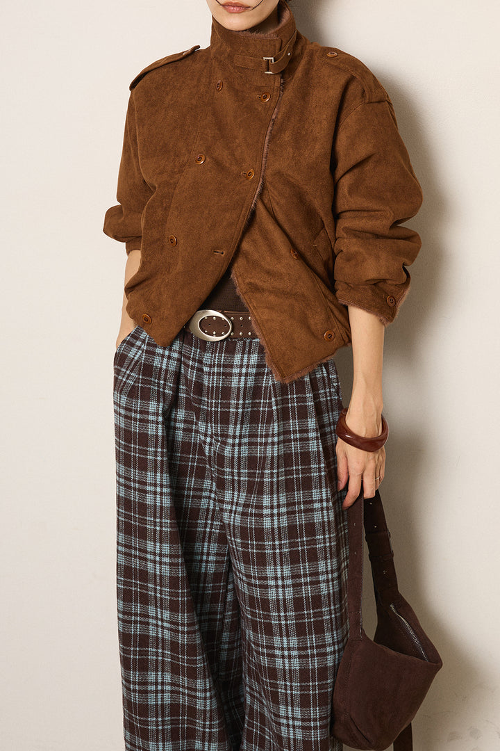 [SET]スタンド襟スウェードライクアウター+スタッズデザインベルトタータンチェックパンツ(2set)