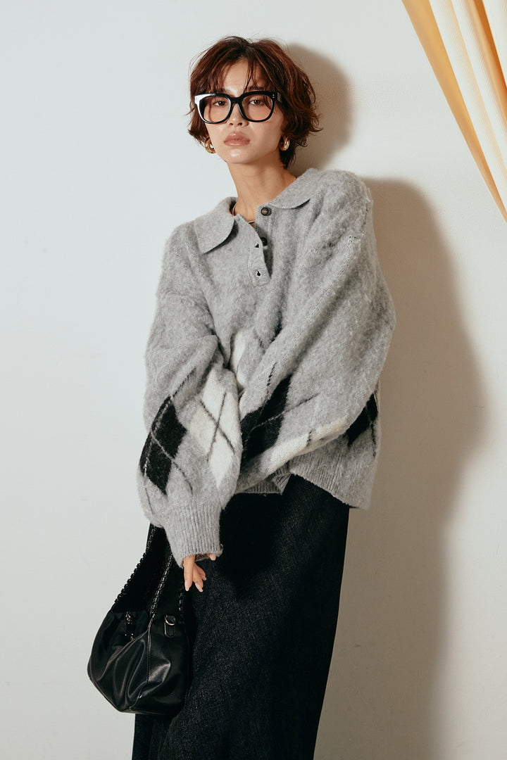 [SET]アーガイル柄ポロニットトップス+スウェードライクロングスカート(2set)