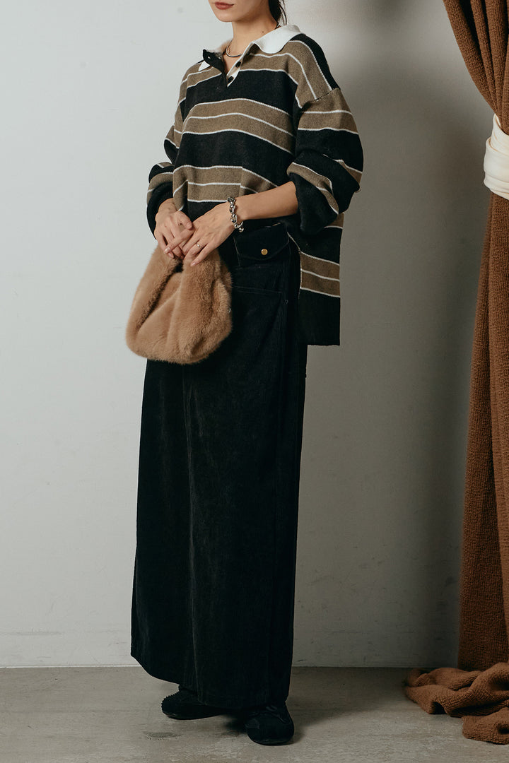 [SET]ラガーニットボーダーポロプルオーバー+ポーチベルト付きコーデュロイワイドスカート(2set)