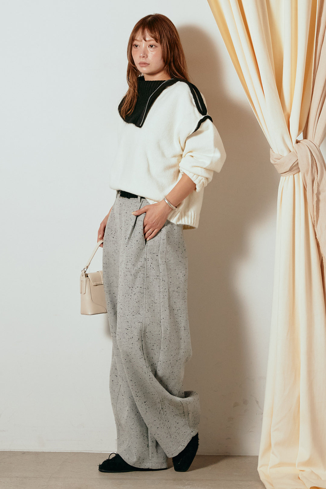 [SET]ハイネックジップデザインニットトップス+ベルト付きネップツイードカーブパンツ(2set)