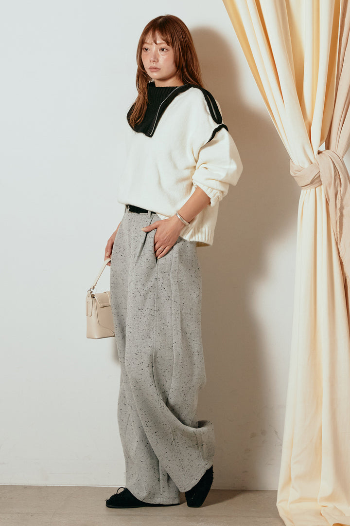 [SET]ハイネックジップデザインニットトップス+ベルト付きネップツイードカーブパンツ(2set)