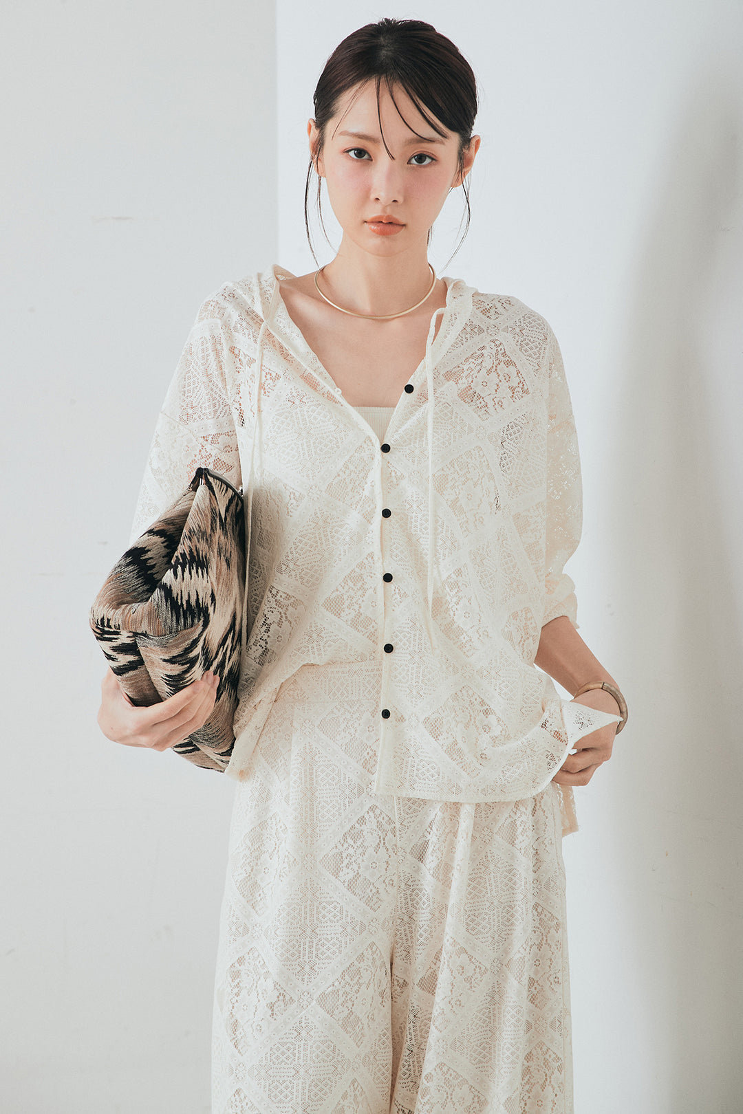 [SET]ブロックレースフード付きブラウス+リラックスブロックレースワイドパンツ(2set)